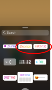 A screenshot of an Instagram story with an open sticker menu. A red circle highlights the '@Mention' and '#Hashtag' options.