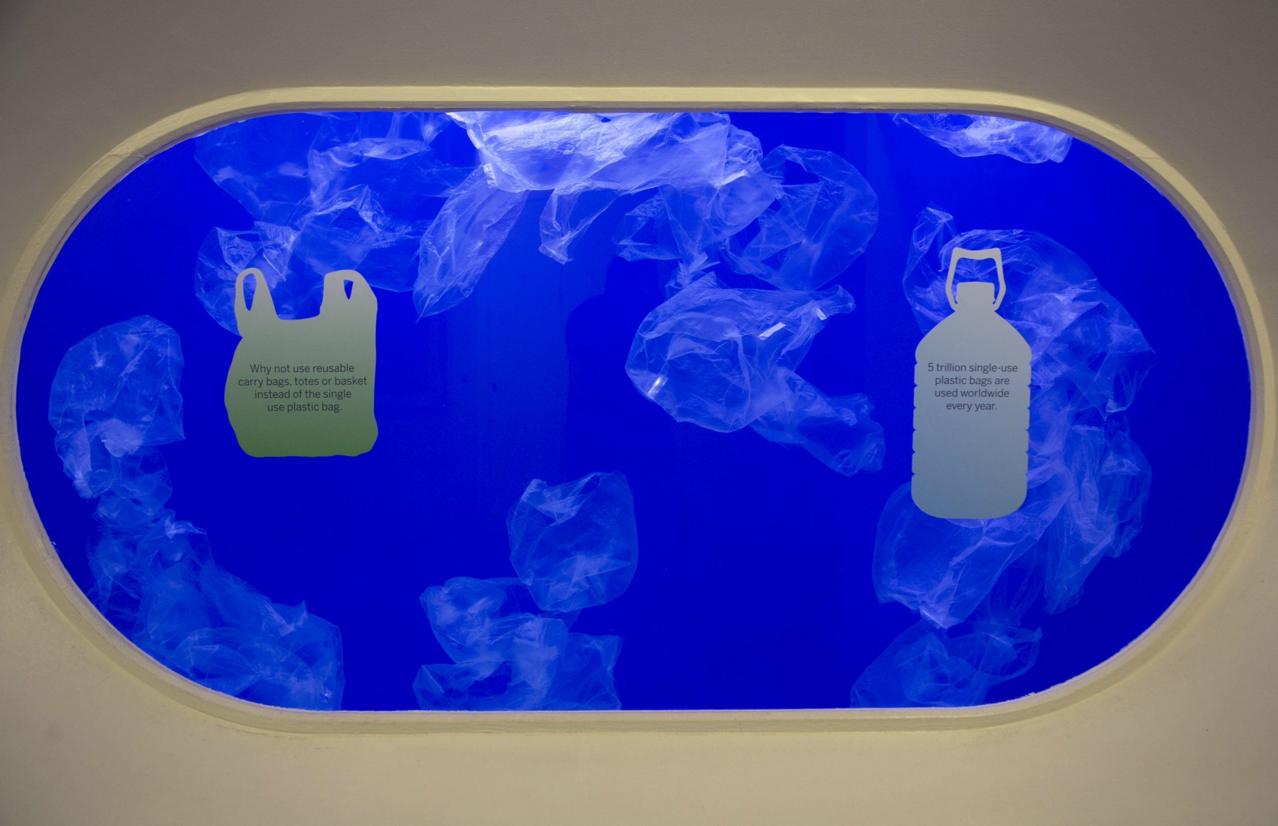 Plastic bags in the Horniman museum jellyfish tank.