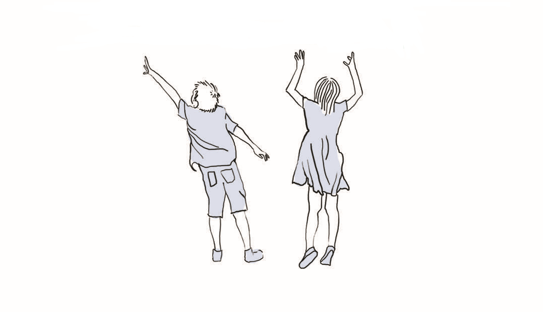 A drawing of two children jumping into the air with the hands up.
