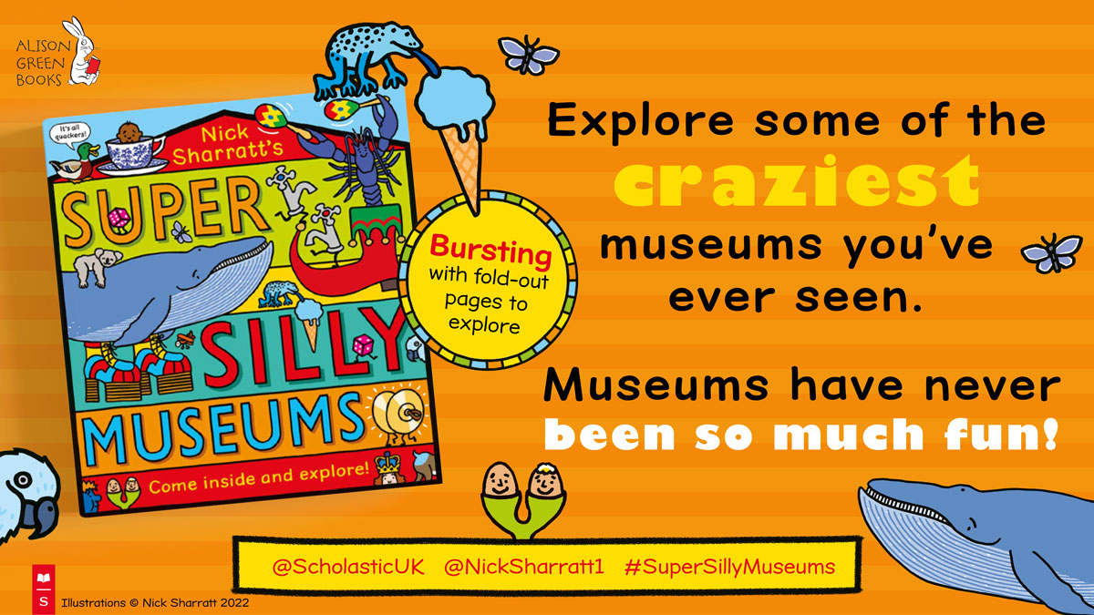 An orange graphic featuring the Super Silly Museums book and text reading 'Explore some of the craziest museums you've ever seen'.