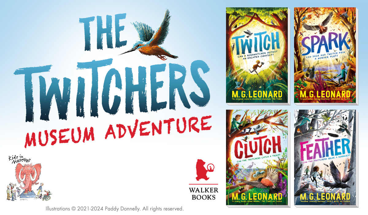 The Twitchers Museum Adventure with images of all four books in the series. A kingfisher illustration flies above the word Twitchers. The Kids in Museums and Walker Books logo are at the bottom of the graphic.